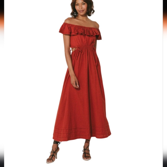 NEW CLEOBELLA Daria Midi Cut Out Sides Dress in deep brick Cotton/Linen - Picture 7 of 13